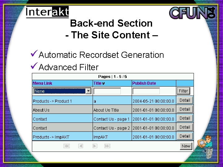 Back-end Section - The Site Content – üAutomatic Recordset Generation üAdvanced Filter 