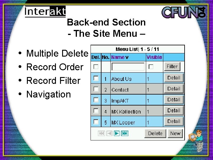 Back-end Section - The Site Menu – • • Multiple Delete Record Order Record