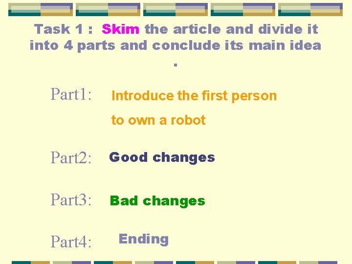 Task 1 : Skim the article and divide it into 4 parts and conclude