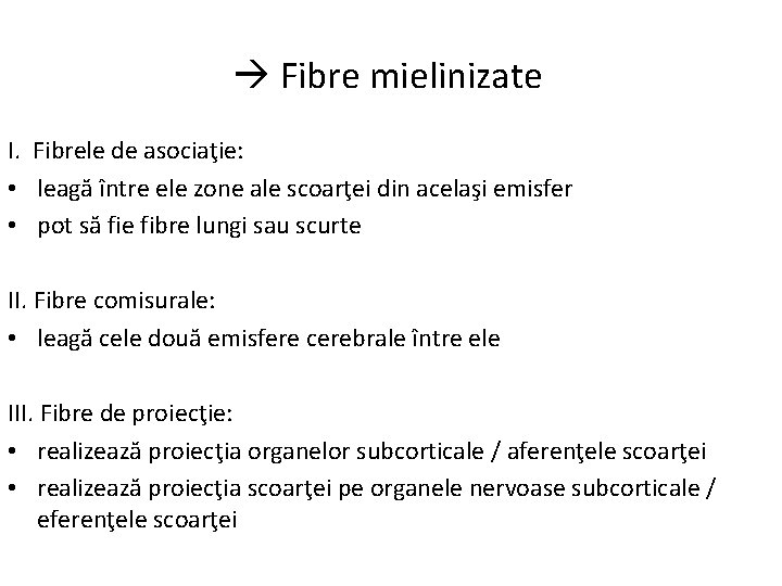  Fibre mielinizate I. Fibrele de asociaţie: • leagă între ele zone ale scoarţei