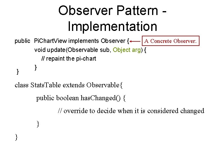 Observer Pattern Implementation public Pi. Chart. View implements Observer { } A Concrete Observer.