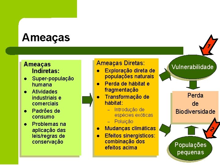 Ameaças Indiretas: l l Super-população humana Atividades industriais e comerciais Padrões de consumo Problemas