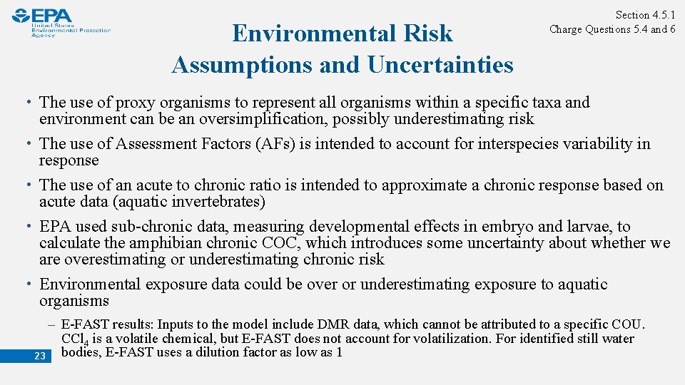 Environmental Risk Assumptions and Uncertainties Section 4. 5. 1 Charge Questions 5. 4 and