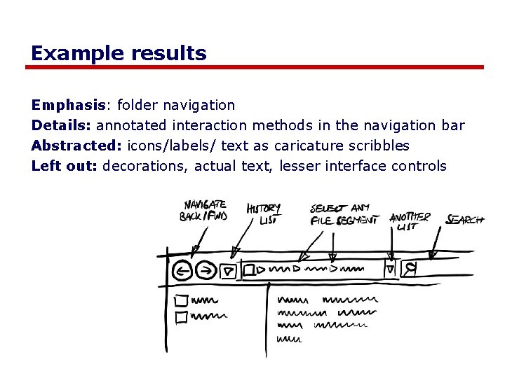 Example results Emphasis: folder navigation Details: annotated interaction methods in the navigation bar Abstracted:
