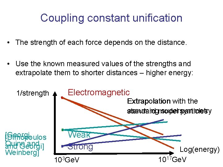 Coupling constant unification • The strength of each force depends on the distance. •