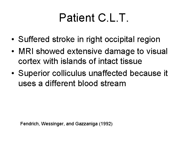 Patient C. L. T. • Suffered stroke in right occipital region • MRI showed