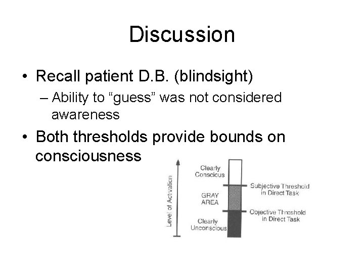 Discussion • Recall patient D. B. (blindsight) – Ability to “guess” was not considered