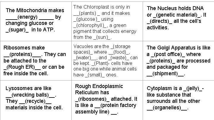 The Mitochondria makes ____(energy) _____ by changing glucose or _(sugar)_ in to ATP. The