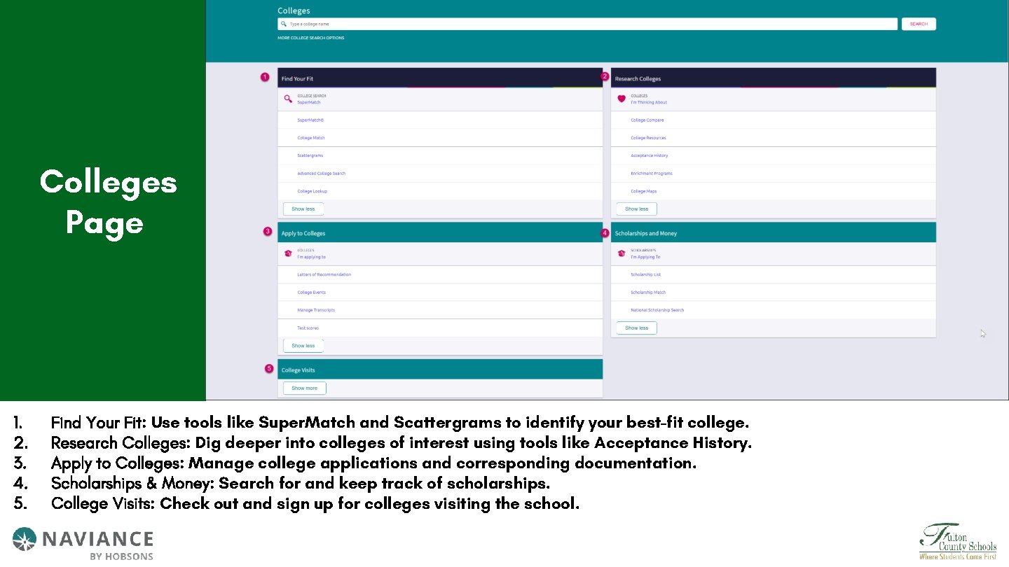 Colleges Page 1. 2. 3. 4. 5. Find Your Fit: Use tools like Super.