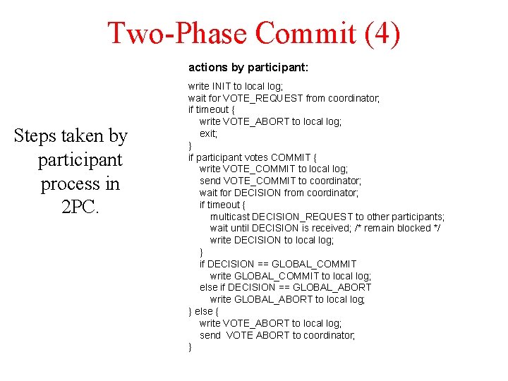 Two-Phase Commit (4) actions by participant: Steps taken by participant process in 2 PC.