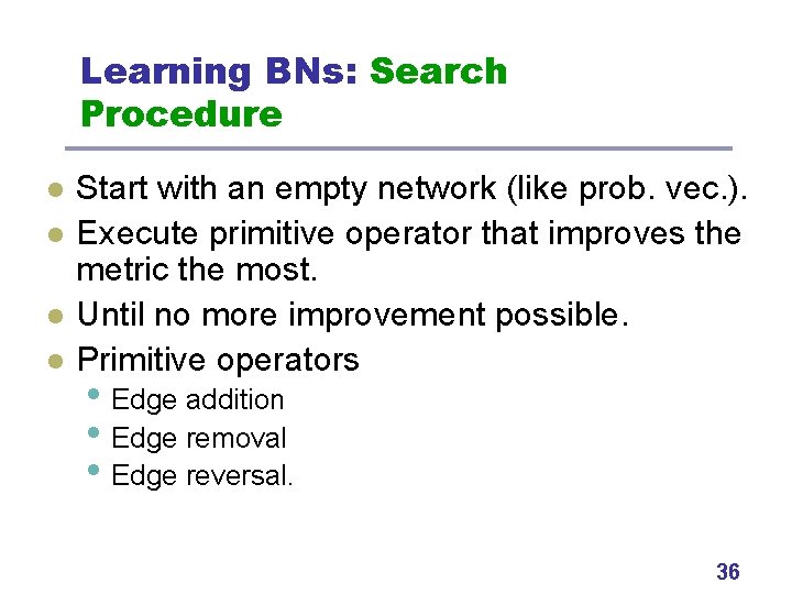 Learning BNs: Search Procedure l l Start with an empty network (like prob. vec.