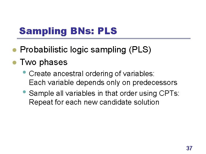 Sampling BNs: PLS l l Probabilistic logic sampling (PLS) Two phases • Create ancestral