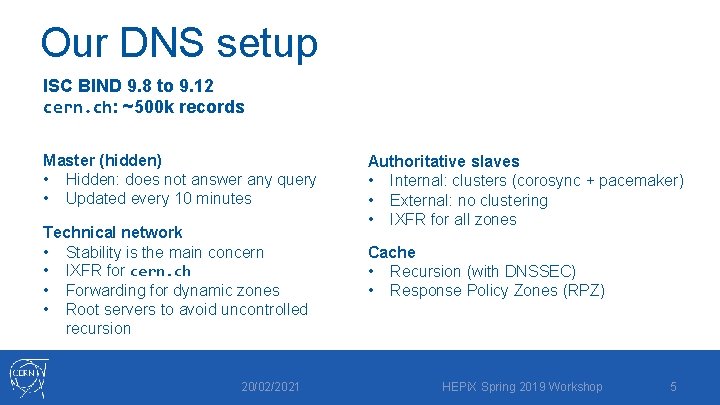 Our DNS setup ISC BIND 9. 8 to 9. 12 cern. ch: ~500 k