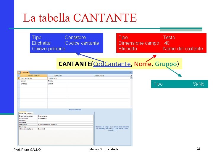 La tabella CANTANTE Tipo Contatore Etichetta Codice cantante Chiave primaria Tipo Testo Dimensione campo