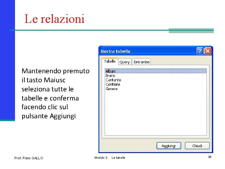 Le relazioni Mantenendo premuto il tasto Maiusc seleziona tutte le tabelle e conferma facendo