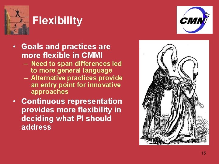 Flexibility • Goals and practices are more flexible in CMMI – Need to span