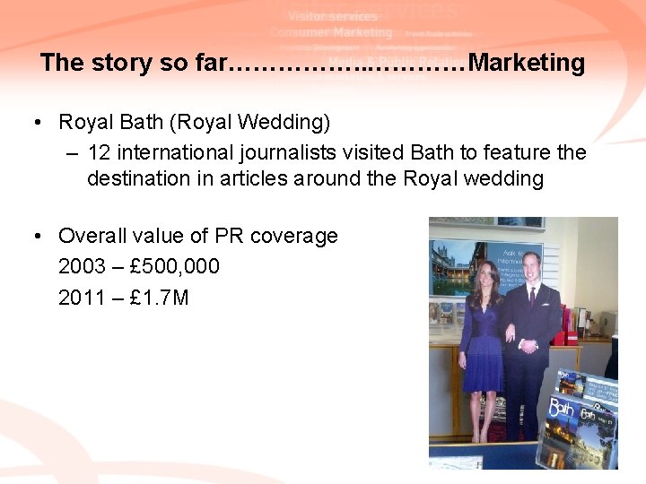 The story so far……………. . …………Marketing • Royal Bath (Royal Wedding) – 12 international