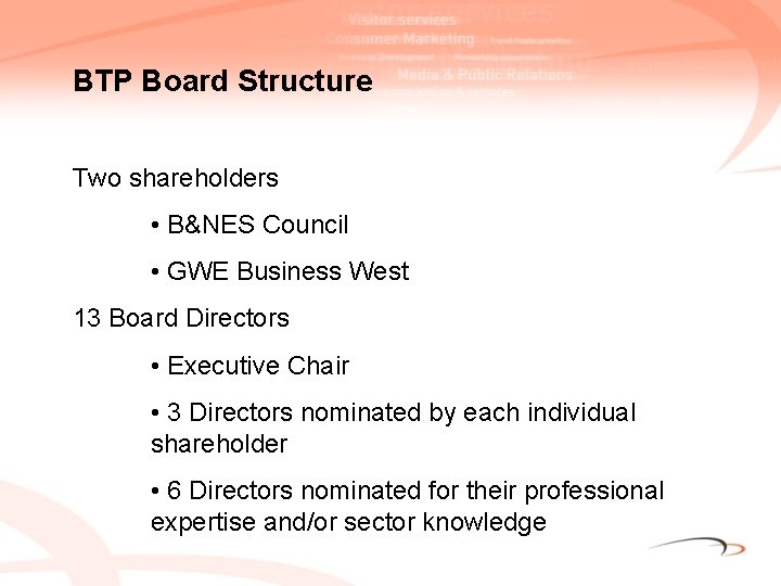 BTP Board Structure Two shareholders • B&NES Council • GWE Business West 13 Board