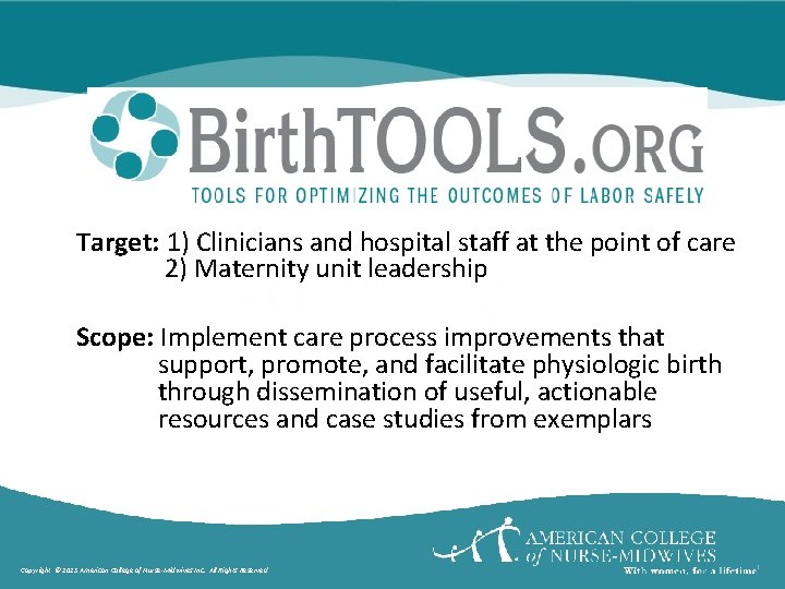  Target: 1) Clinicians and hospital staff at the point of care 2) Maternity