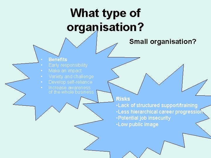 What type of organisation? Small organisation? • • • Benefits Early responsibility Make an