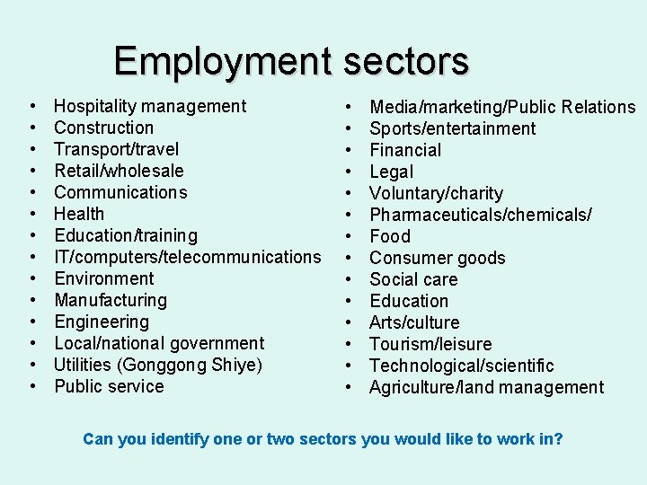 Employment sectors • • • • Hospitality management Construction Transport/travel Retail/wholesale Communications Health Education/training