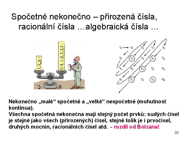 Spočetné nekonečno – přirozená čísla, racionální čísla …algebraická čísla … Nekonečno „malé“ spočetné a