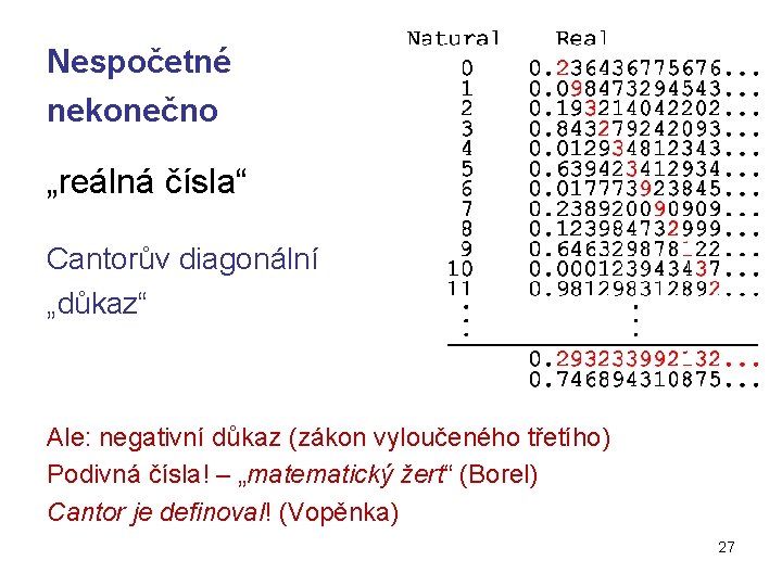 Nespočetné nekonečno „reálná čísla“ Cantorův diagonální „důkaz“ Ale: negativní důkaz (zákon vyloučeného třetího) Podivná