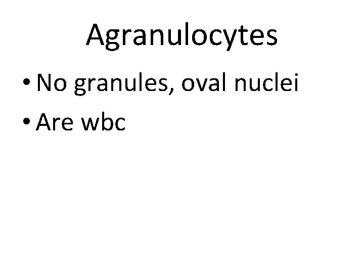 Agranulocytes • No granules, oval nuclei • Are wbc 