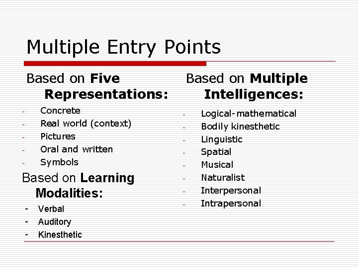 Multiple Entry Points Based on Five Representations: Concrete Real world (context) Pictures Oral and