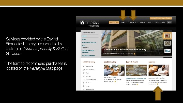 Services provided by the Eskind Biomedical Library are available by clicking on Students, Faculty