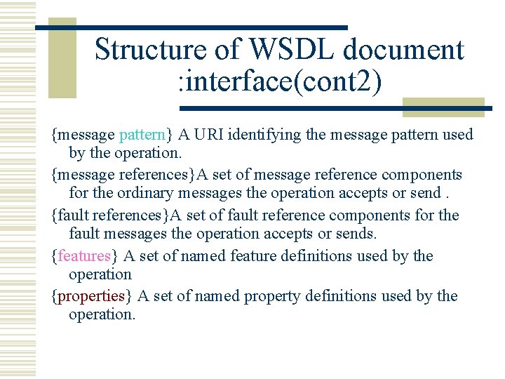 Structure of WSDL document : interface(cont 2) {message pattern} A URI identifying the message