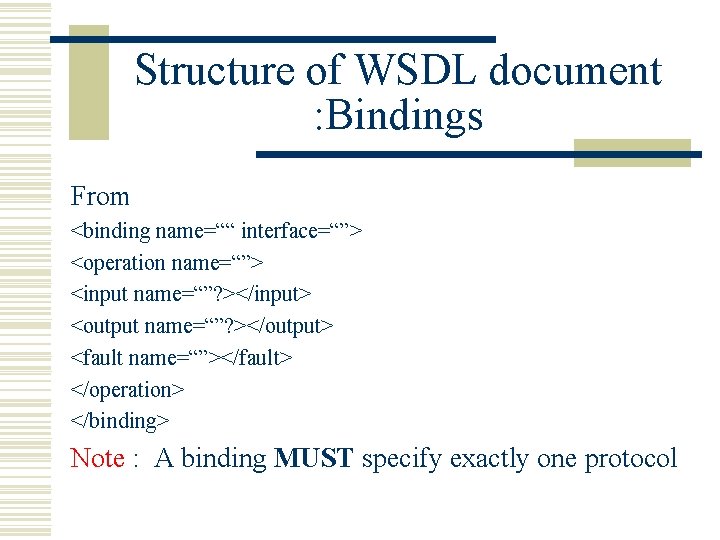 Structure of WSDL document : Bindings From <binding name=““ interface=“”> <operation name=“”> <input name=“”?