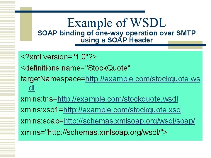 Example of WSDL SOAP binding of one-way operation over SMTP using a SOAP Header
