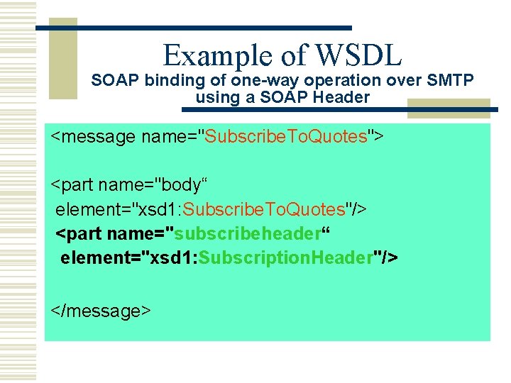 Example of WSDL SOAP binding of one-way operation over SMTP using a SOAP Header