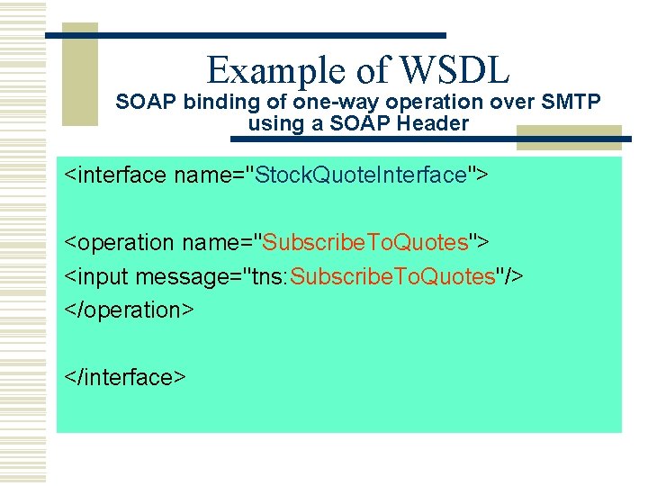Example of WSDL SOAP binding of one-way operation over SMTP using a SOAP Header