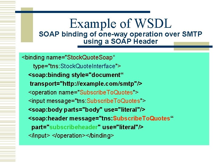 Example of WSDL SOAP binding of one-way operation over SMTP using a SOAP Header