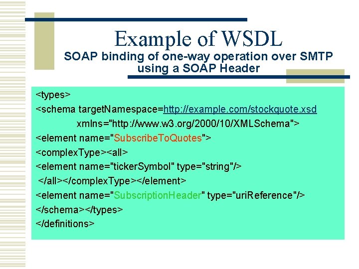 Example of WSDL SOAP binding of one-way operation over SMTP using a SOAP Header