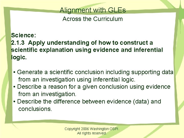Alignment with GLEs Across the Curriculum Science: 2. 1. 3 Apply understanding of how