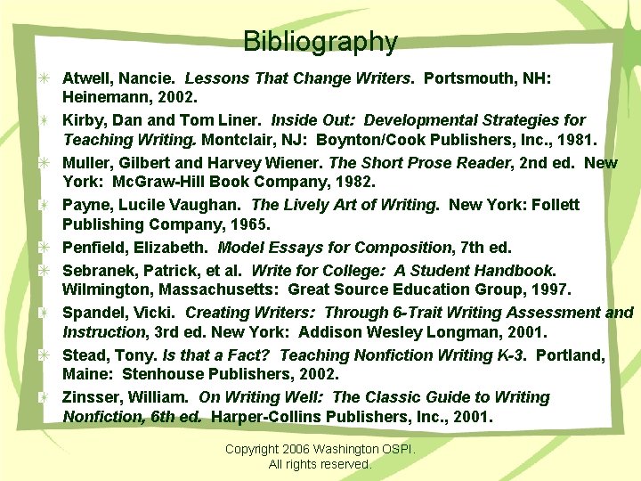 Bibliography Atwell, Nancie. Lessons That Change Writers. Portsmouth, NH: Heinemann, 2002. Kirby, Dan and