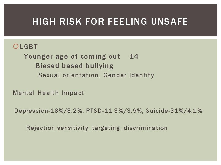 HIGH RISK FOR FEELING UNSAFE LGBT Younger age of coming out Biased bullying 14