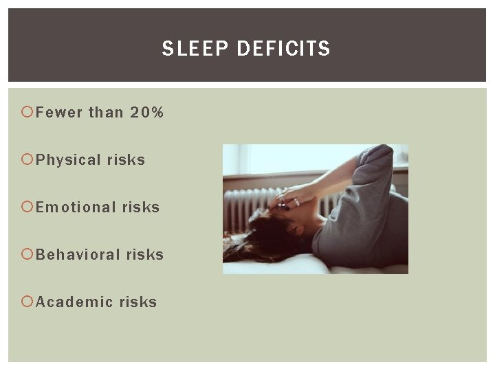 SLEEP DEFICITS Fewer than 20% Physical risks Emotional risks Behavioral risks Academic risks 