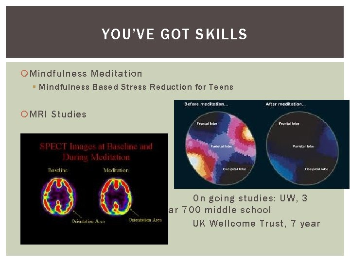 YOU’VE GOT SKILLS Mindfulness Meditation § Mindfulness Based Stress Reduction for Teens MRI Studies