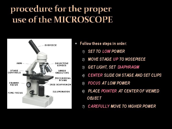 procedure for the proper use of the MICROSCOPE Follow these steps in order: 1)