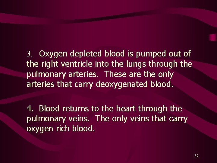 3. Oxygen depleted blood is pumped out of the right ventricle into the lungs