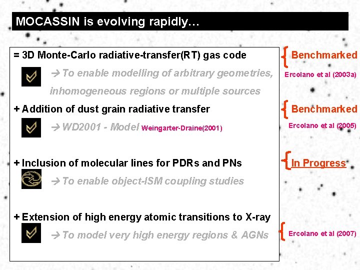 MOCASSIN is evolving rapidly… = 3 D Monte-Carlo radiative-transfer(RT) gas code To enable modelling