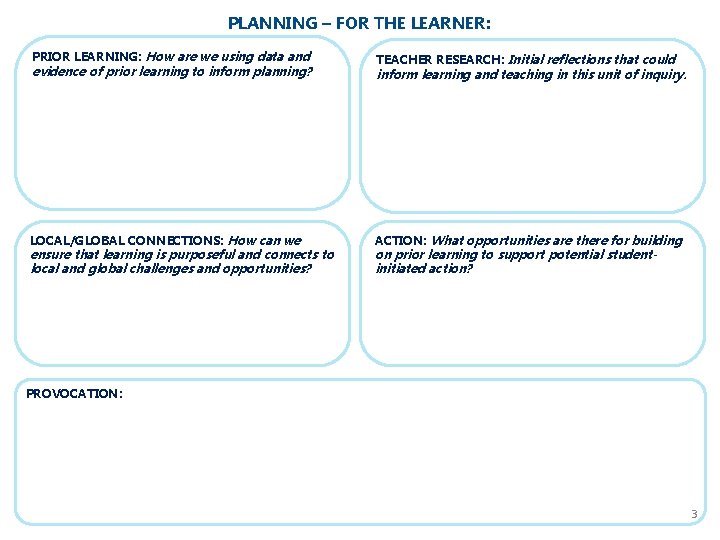 PLANNING – FOR THE LEARNER: PRIOR LEARNING: How are we using data and evidence