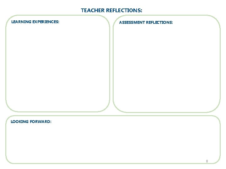 TEACHER REFLECTIONS: LEARNING EXPERIENCES: ASSESSMENT REFLECTIONS: LOOKING FORWARD: 8 