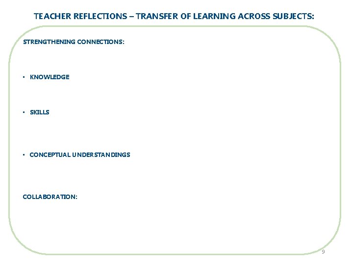 TEACHER REFLECTIONS – TRANSFER OF LEARNING ACROSS SUBJECTS: STRENGTHENING CONNECTIONS: • KNOWLEDGE • SKILLS