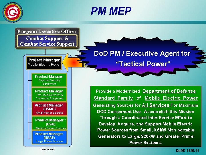 PM MEP Program Executive Officer Combat Support & Combat Service Support Do. D PM
