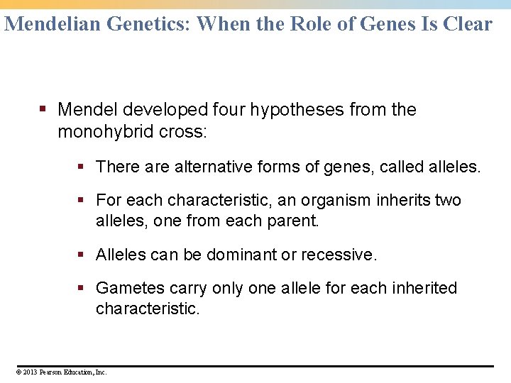 Mendelian Genetics: When the Role of Genes Is Clear § Mendel developed four hypotheses